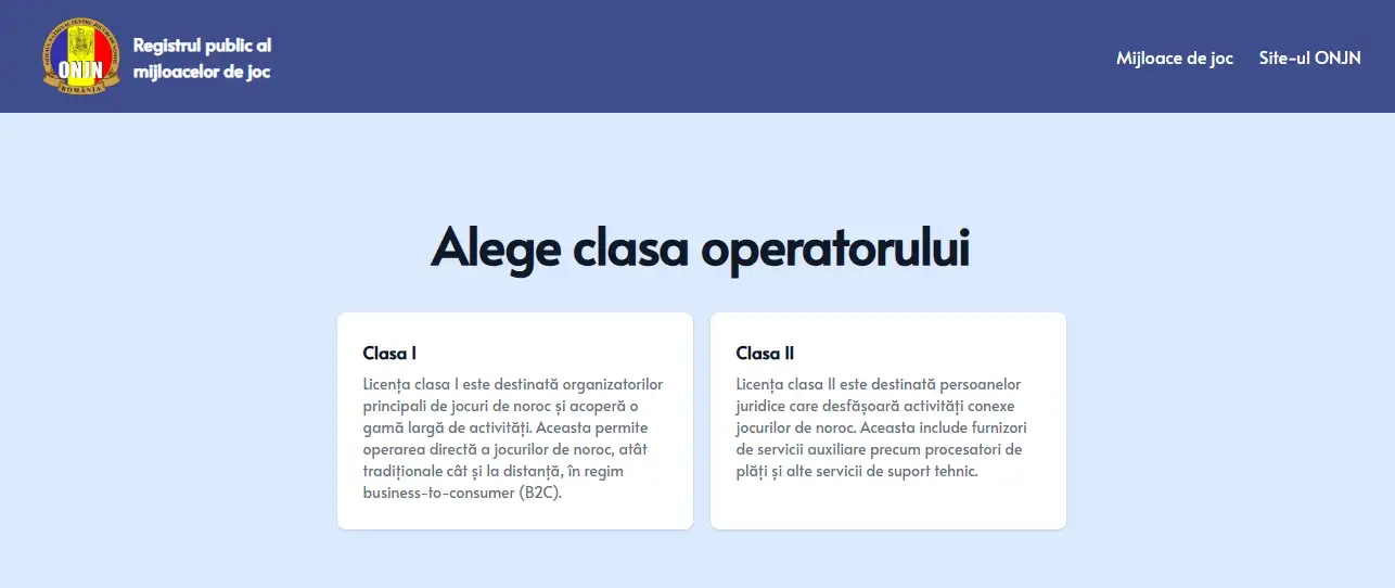 Pagina ONJN de alegere a clasei operatorului, cu opțiunile Clasa I și Clasa II